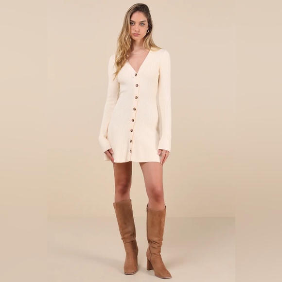 Lulu's Adorably Flirty Ivory Button-Front Sweater Mini Dress - Picture 3 of 3
